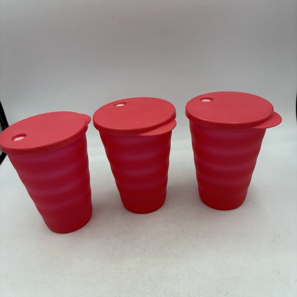 Tupperware Impressions Tumblers 16 oz 500ml with Straw Seal Lids Red Lot of 3